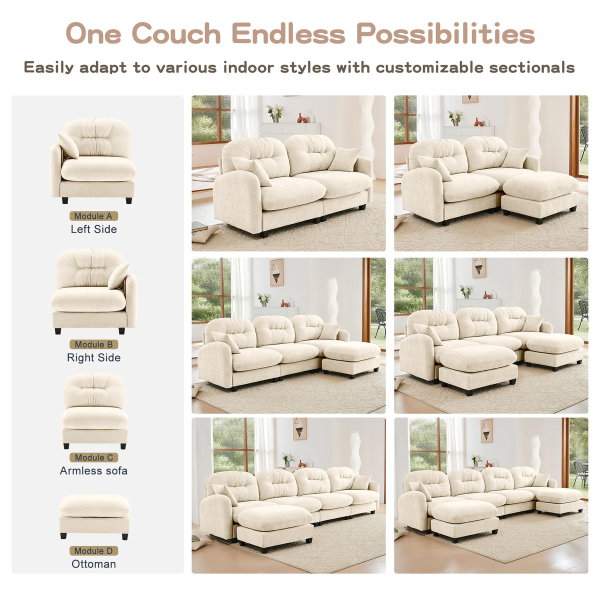 107-Inch L-Shaped Modular Convertible Sectional Sofa W/Removable Ottoman Chaise, Modern Chenille Upholstered Corner Cloud Couches 4 Seat Sectional Sofa for Living Room