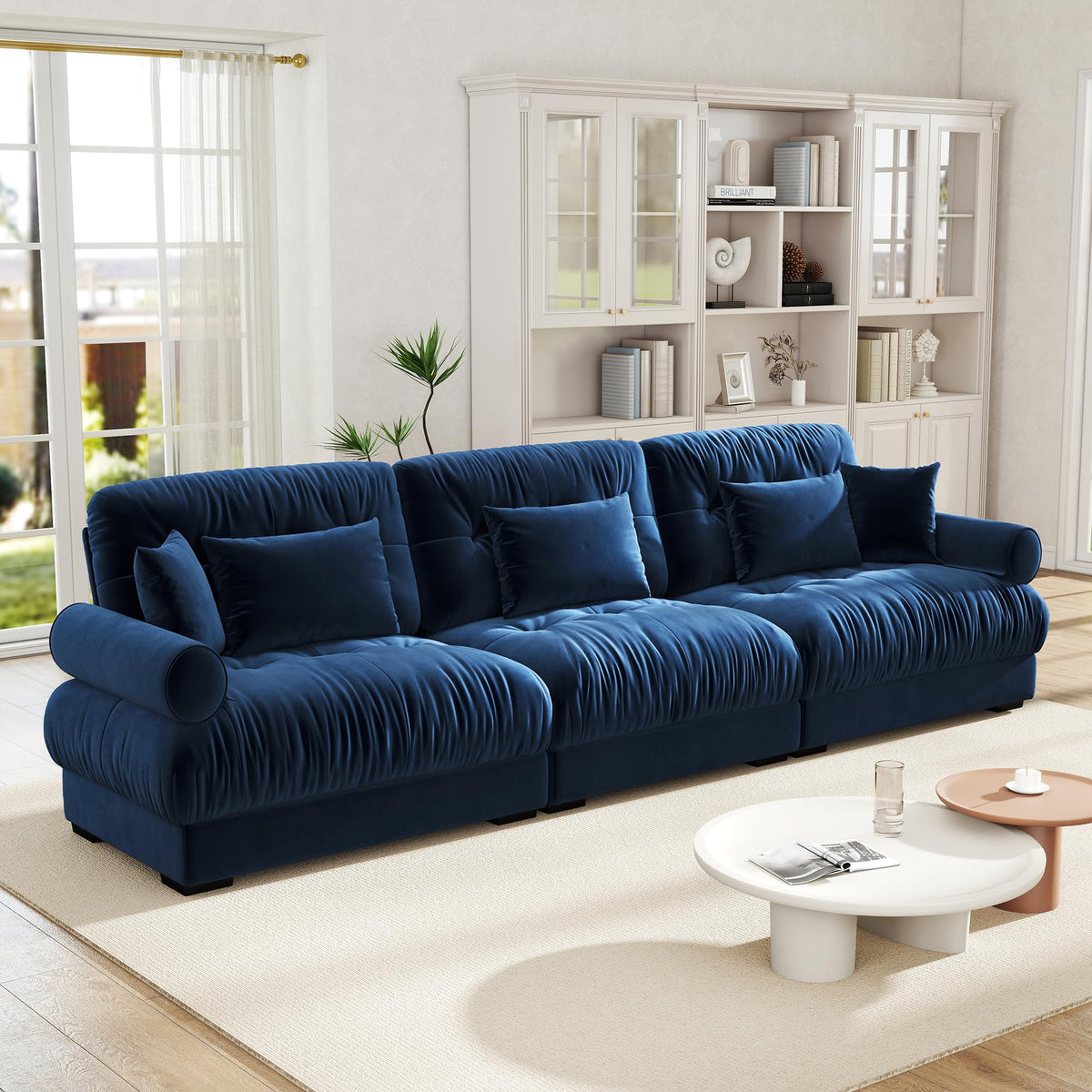 Velvet Modular Sectional Sofa,130" W Oversized U Shape Cloud Couch with 2 Ottomans,Free Combined 3 Seater Comfy Sofa with Bolster Armrest Pillows,Green for Living Room