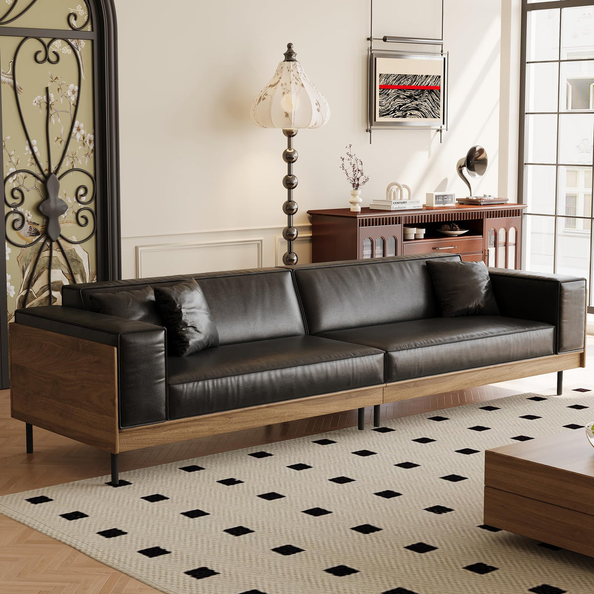 106.3" Leather 4 Seater Sofa, Mid Century Modern Couch Black