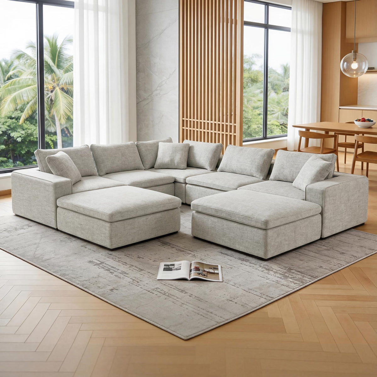 131" Cloud Modular Sofa, Oversized Sectional Couch with Washable Linen Fabric Covers, Large L-Shaped Deep Seat Sofa with Ottoman,7 Seater Down Filled Convertible Furniture for Living Room (Beige)