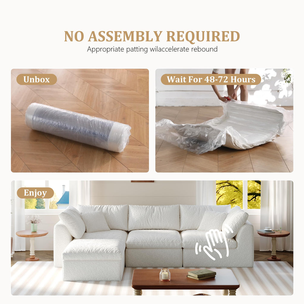 108" Modular Sectional Sofa with Movable Ottoman, No Assembly Required Boneless Cloud Couch, Deep Seat L Shaped Sectional Couches for Living Room, Bedroom and Apartment, White