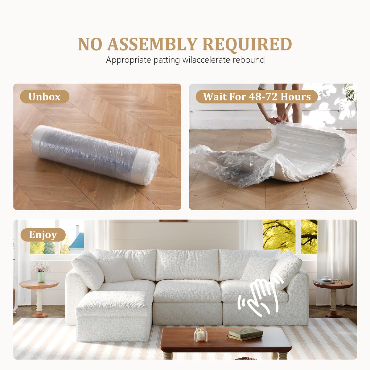 108" Modular Sectional Sofa with Movable Ottoman, No Assembly Required Boneless Cloud Couch, Deep Seat L Shaped Sectional Couches for Living Room, Bedroom and Apartment, White