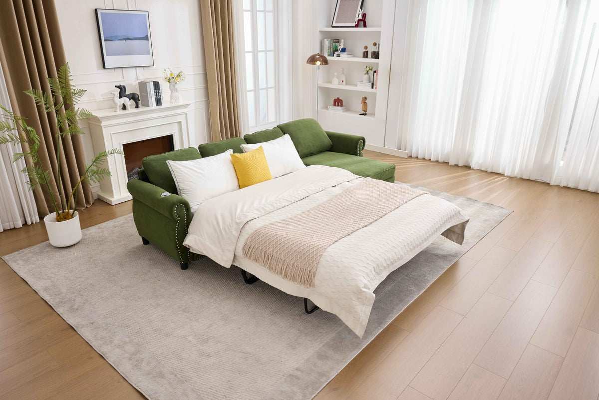 106.5'' Sectional Sleeper Sofa Bed, Flannel Pull Out Couch Mattress, Green