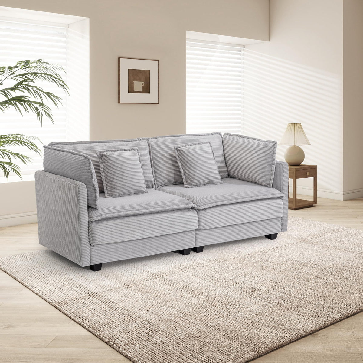 113" Modular L-Shaped Sectional Sofa with Movable Ottoman, 4-Seat Corduroy Modern Cloud Couch with Deep Seat and Pillows, Sofa Set for Living Room, Apartment and Bedroom, Black