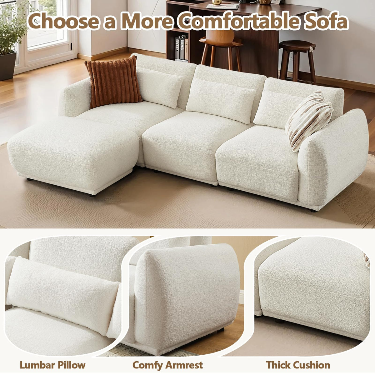 102" Modular Sectional Sofa,L-Shaped Couches with Movable Chaise,Cashmere Fabric Boneless Sofa with Deep Seat,Modern 4 Seat Cloud Sectional Couch for Living Room Office Home (Beige)