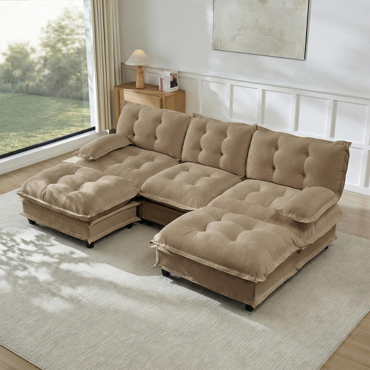 U Shaped Modular Sectional Sofa - 108" Chenille Cloud Deep Seat Couch with Ottoman, 5-Seat Comfy Lattice Decored Seat Cushion for Living Room, Apartment,Light Coffee