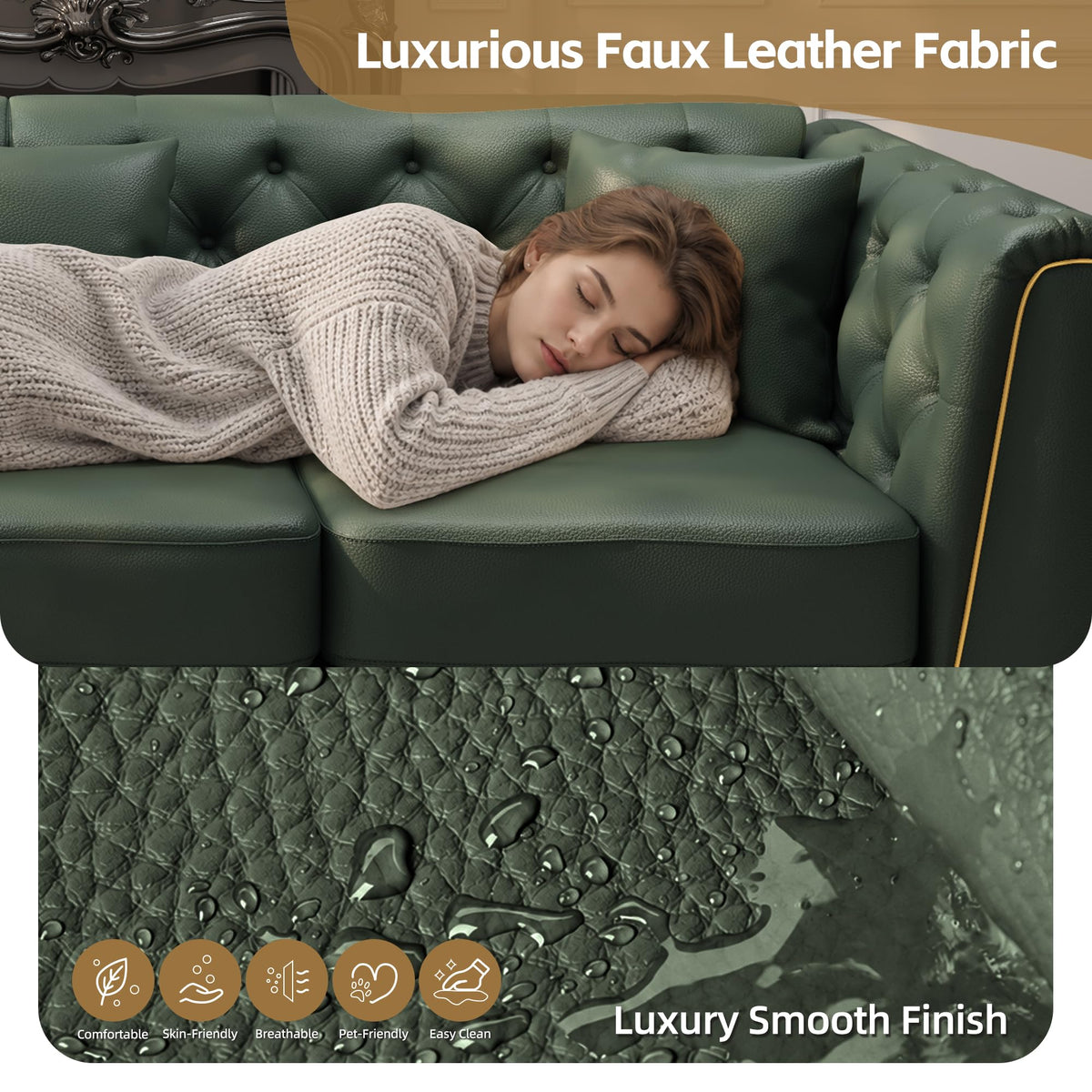 Tmsan 81.5" Green Faux Leather Modular Sleeper Sectional Sofa Couch Bed