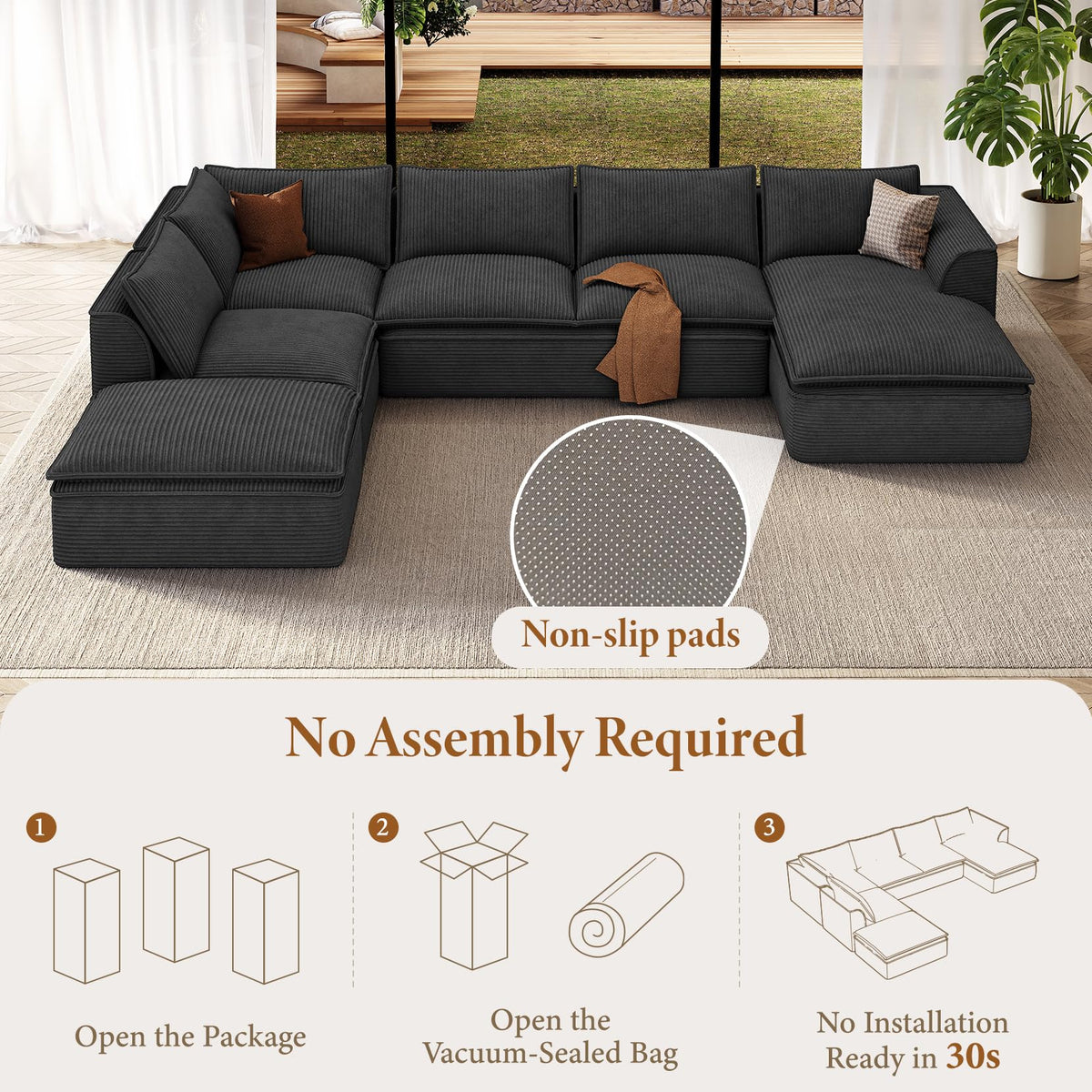 Vesgantti Oversized U Shaped 7 Seater Boneless Couch with Chaise, Black