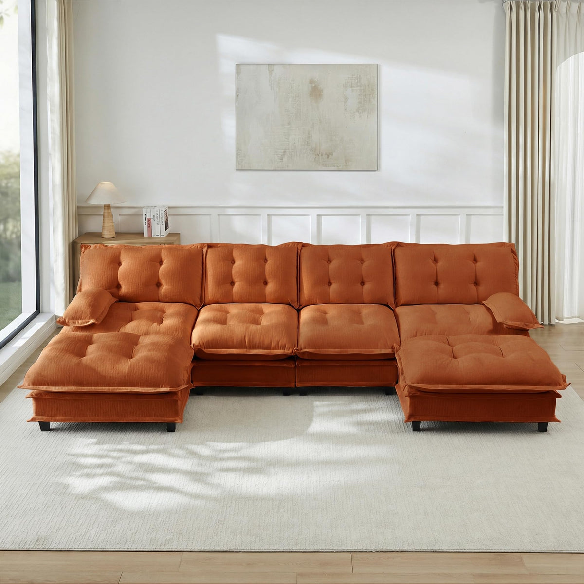 U Shaped Modular Sectional Sofa - 108" Chenille Cloud Deep Seat Couch with Ottoman, 5-Seat Comfy Lattice Decored Seat Cushion for Living Room, Apartment,Light Coffee