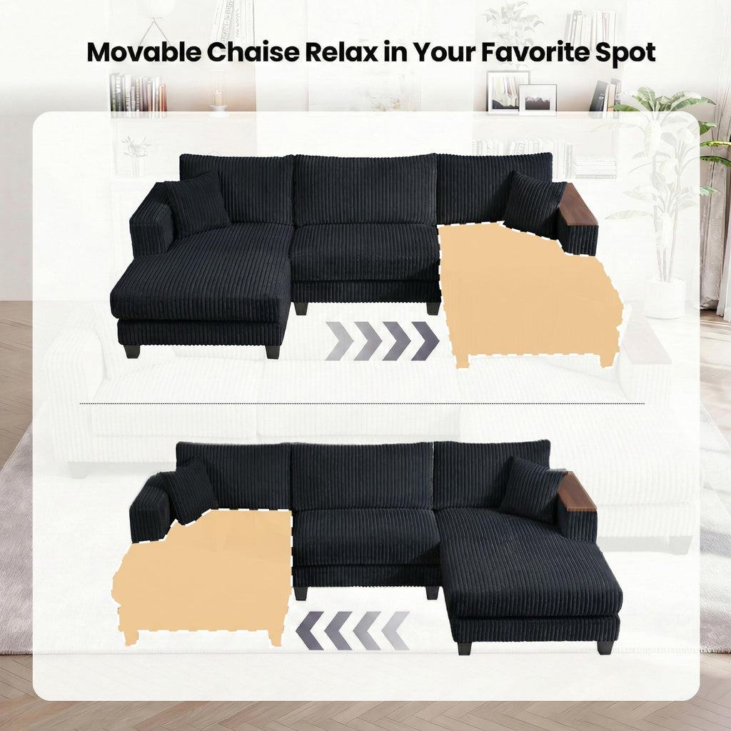 114" Cloud Sectional Couch with L-Shape Reversible Chaise, Modern Corduroy L Shaped Couch with 2 Pillows & Storage Armrests, 4 Seater Sectional Couches for Living Room, Plush Corduroy, Black
