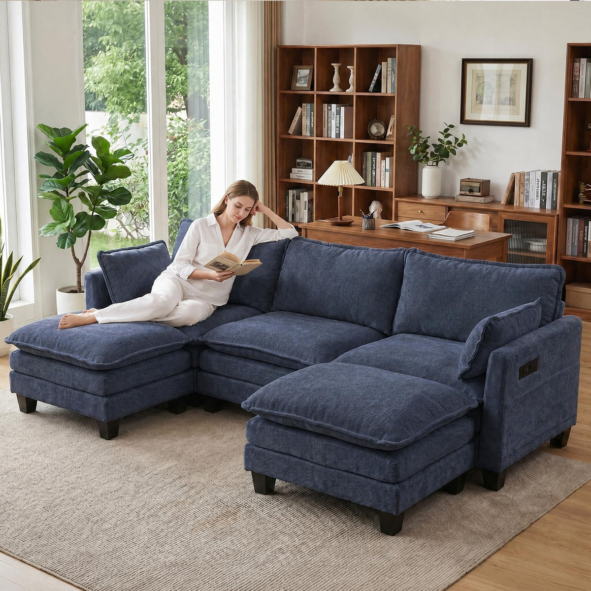 108" Modular Sectional Sofa Cloud Couch - U Shape Sofa with Charging Station Side Storage - Chenille Comfy Couches with Ottoman Movable for Living Room Bedroom Apartment Office, Blue