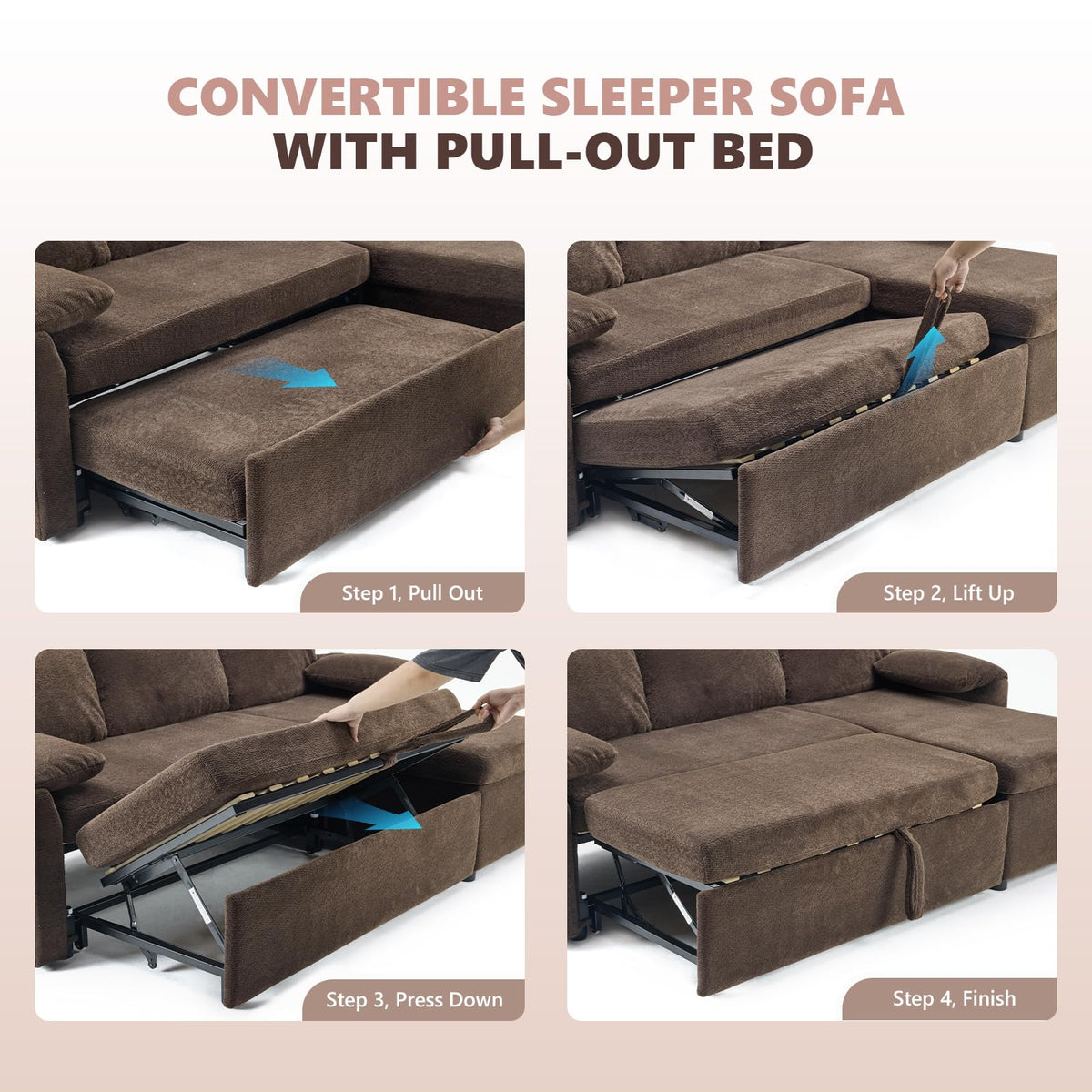 VINGLI Convertible Sofa Bed Couches for Living Room, Sleeper Sofa with Pull Out Couch Bed, Cloud-Like Plush Fleece L-Shape Sectional Couch with Storage Chaise, USB Charging, Side Pockets (Dark Brown)