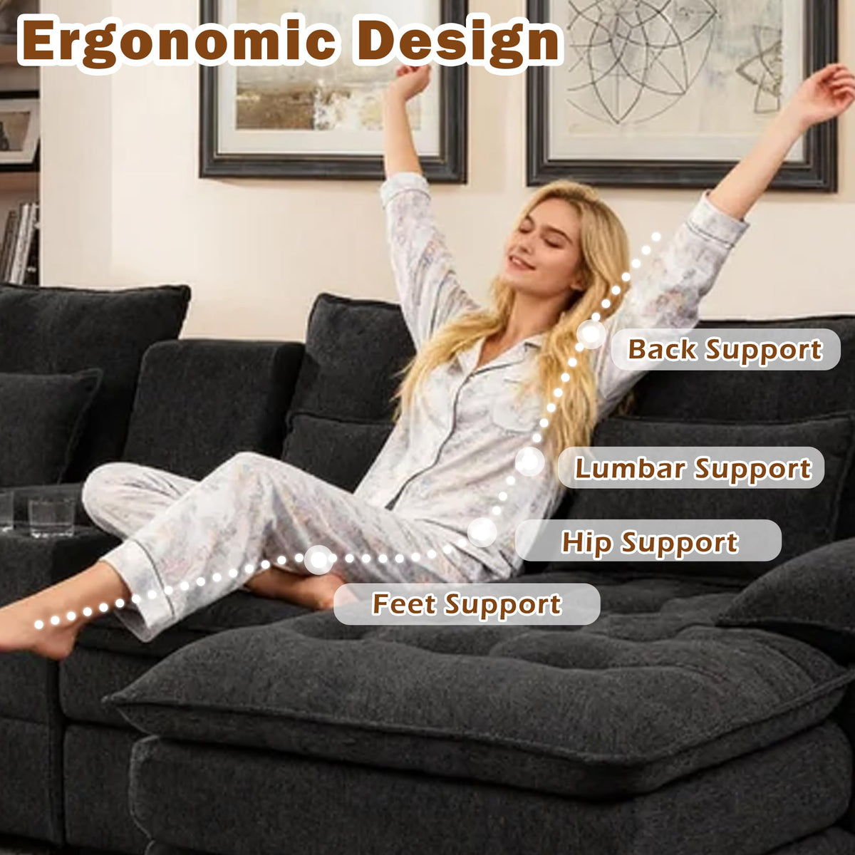 130" U-Shaped Modular Sectional Sofa, Oversized Cloud Couches with Storage Console & Cup Holders, Linen Sofa with Chaise/Pillows, 6-Seater Deep Seat Couches for Living Room (Black)