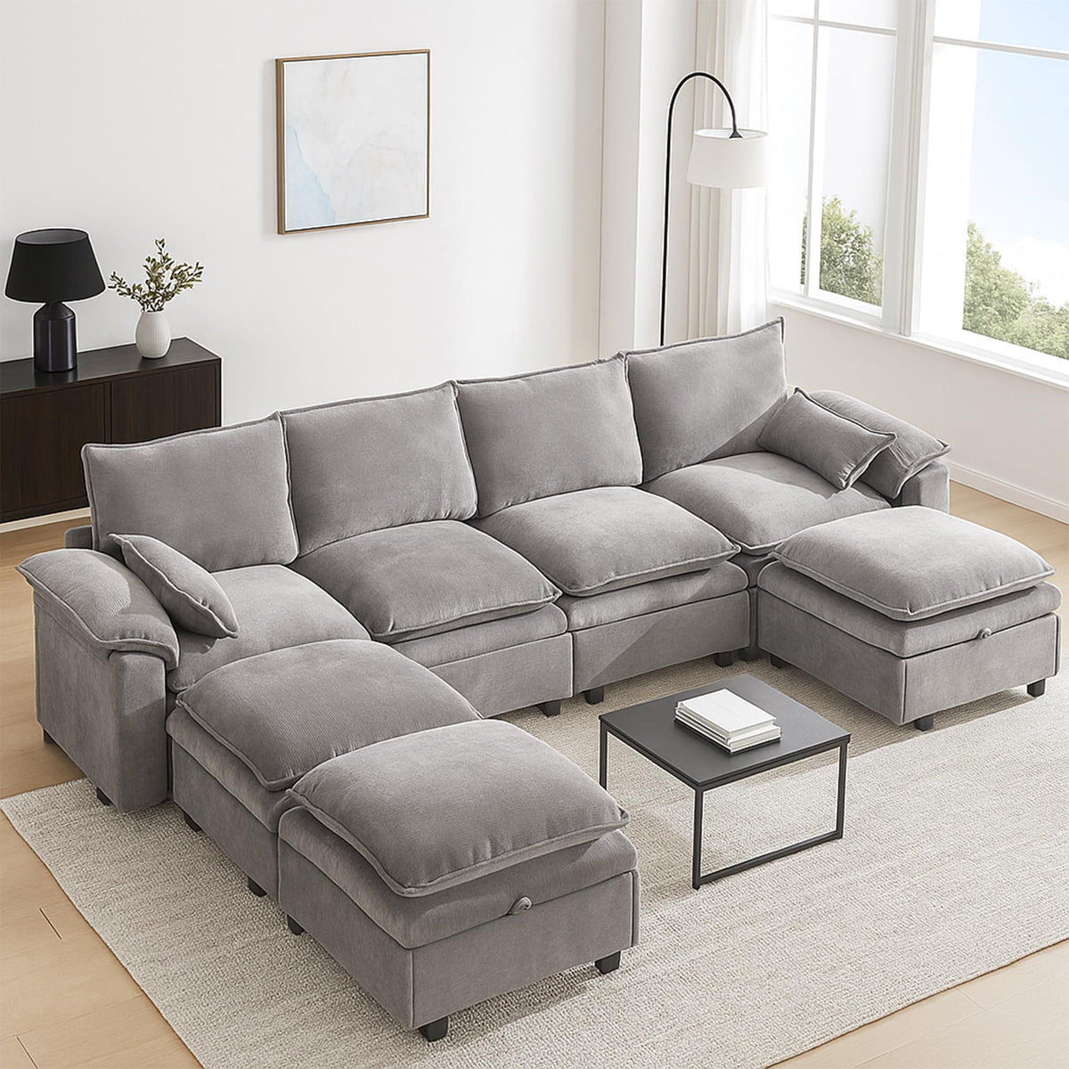 130" Modular Sectional Sofa with Storage, Premium Chenille Cloud Couch with Movable Ottomans, 1200lbs Heavy Duty Deep Seat Sectional, High-Density Foam (Light Gray, 4 Seater & 4 Ottoman)
