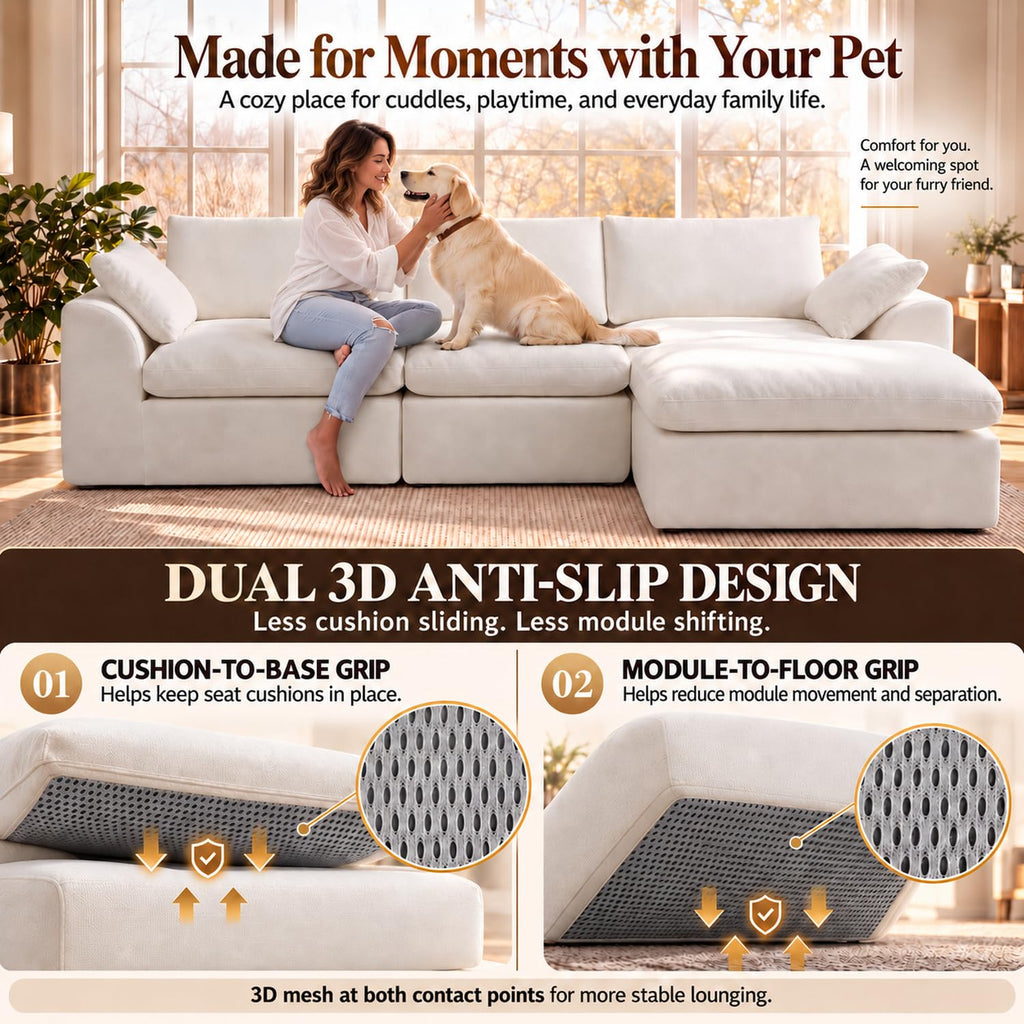 108" Boneless Cloud Couch, Modular L-Shaped Sectional with Ottoman, Beige