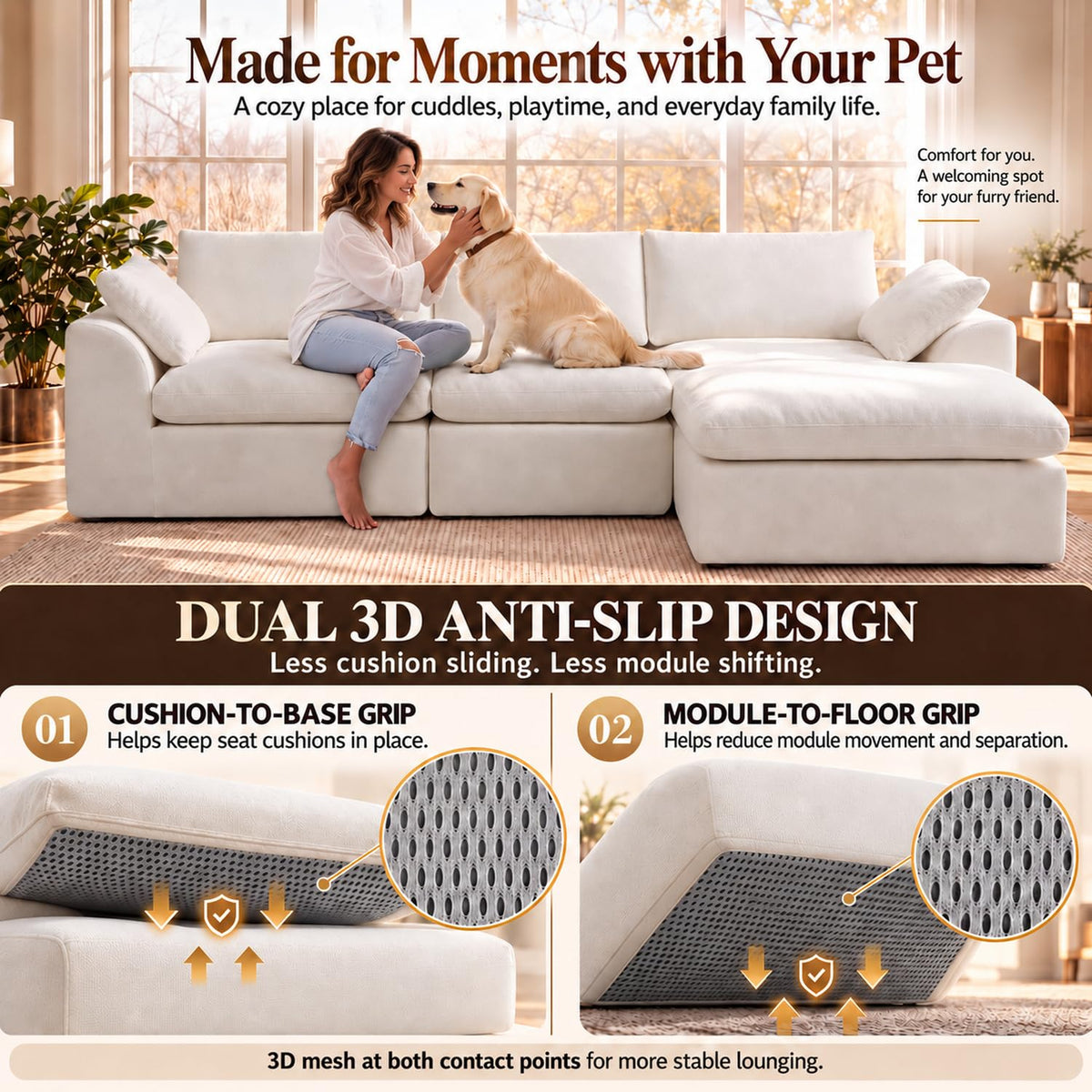 108" Boneless Cloud Couch, Modular L-Shaped Sectional with Ottoman, Beige