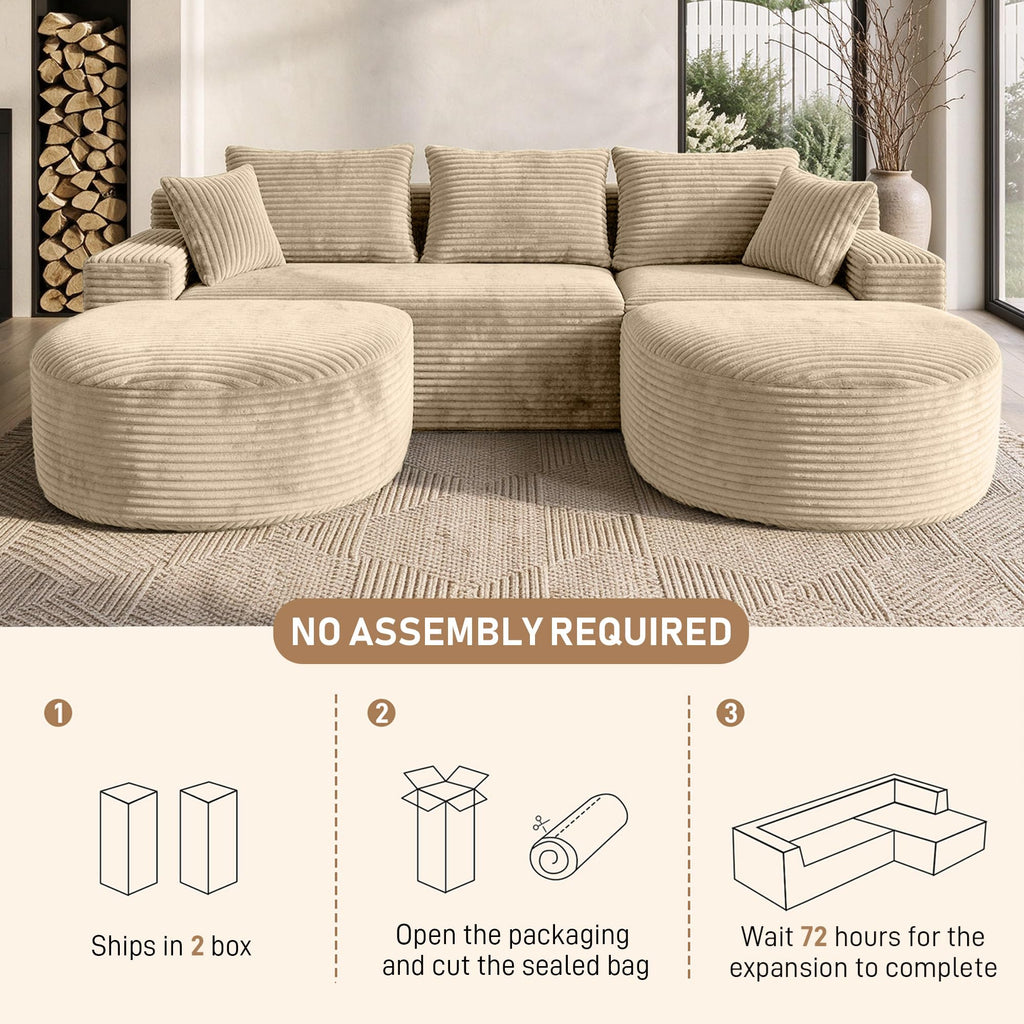 107" U-Shaped Modular Boneless Sectional Sofa with Curved 2 Ottomans, Camel