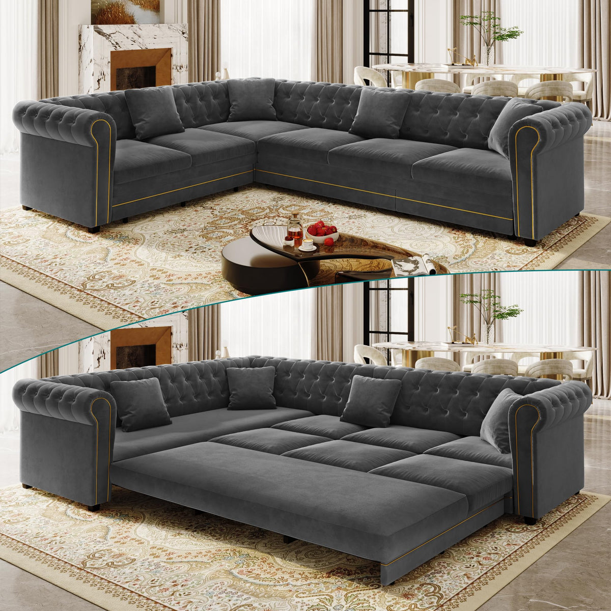 115'' Velvet L-Shaped Convertible Button Tufted Sleeper Sofa Couch, Luxury Oversized Pull-Out Sofa Bed with Gold Trim Rolled Arms and Throw Pillows for Living Room
