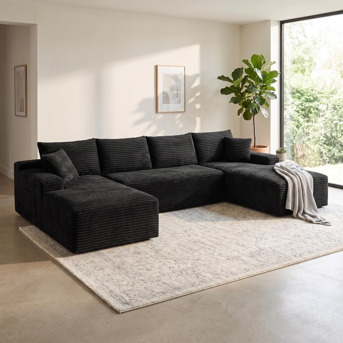 132.1" Compressible U-Shaped Sectional Sofa Set, Minimalist Modular Cloud Couch with Corduroy Fabric, Zero-Leg Full Base Design, Includes 2 Throw Pillows, Perfect for Living Room, Apartment, Condo