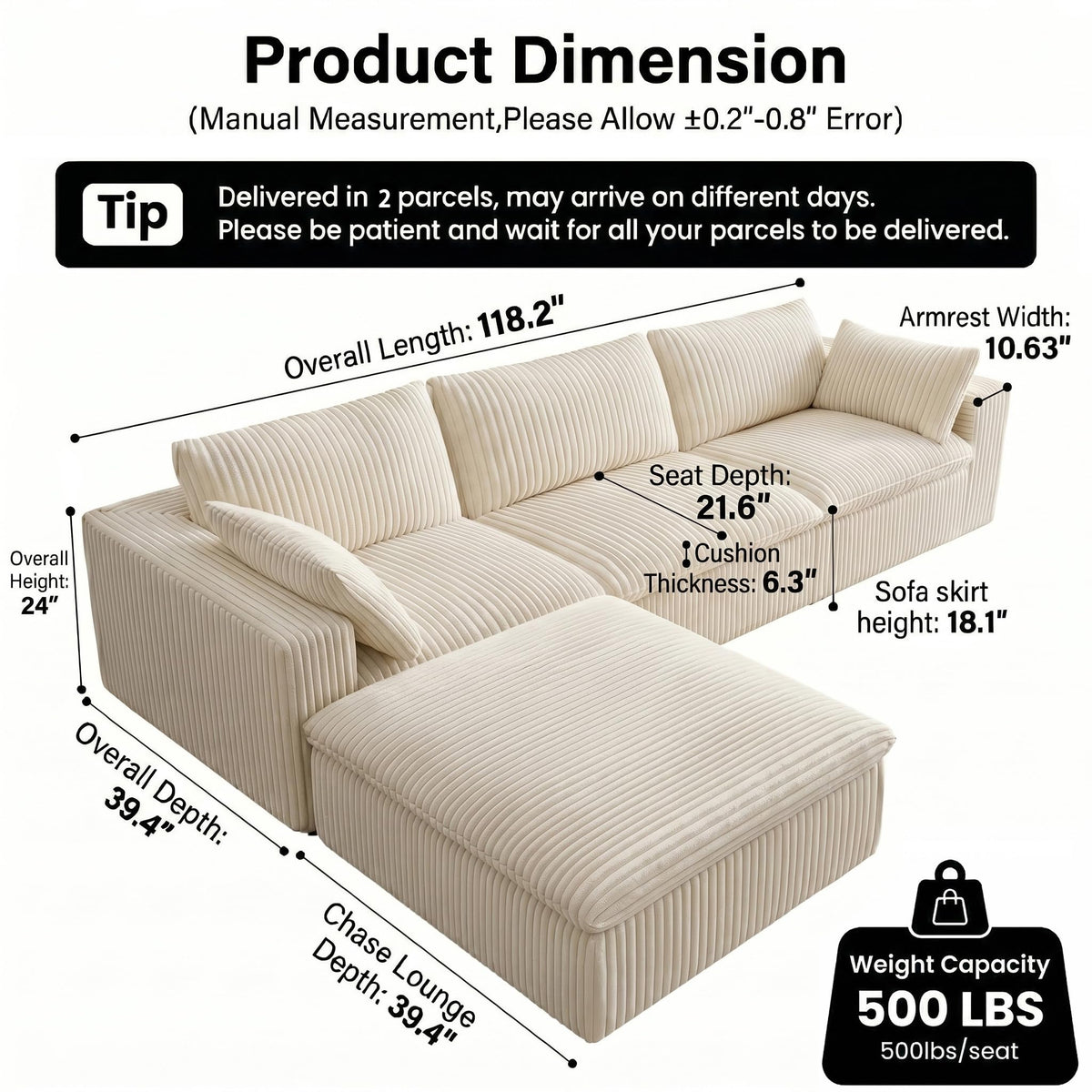 118.2" L‑Shape Modular Cloud Sectional Sofa, 3‑Seater Couch with Ottoman