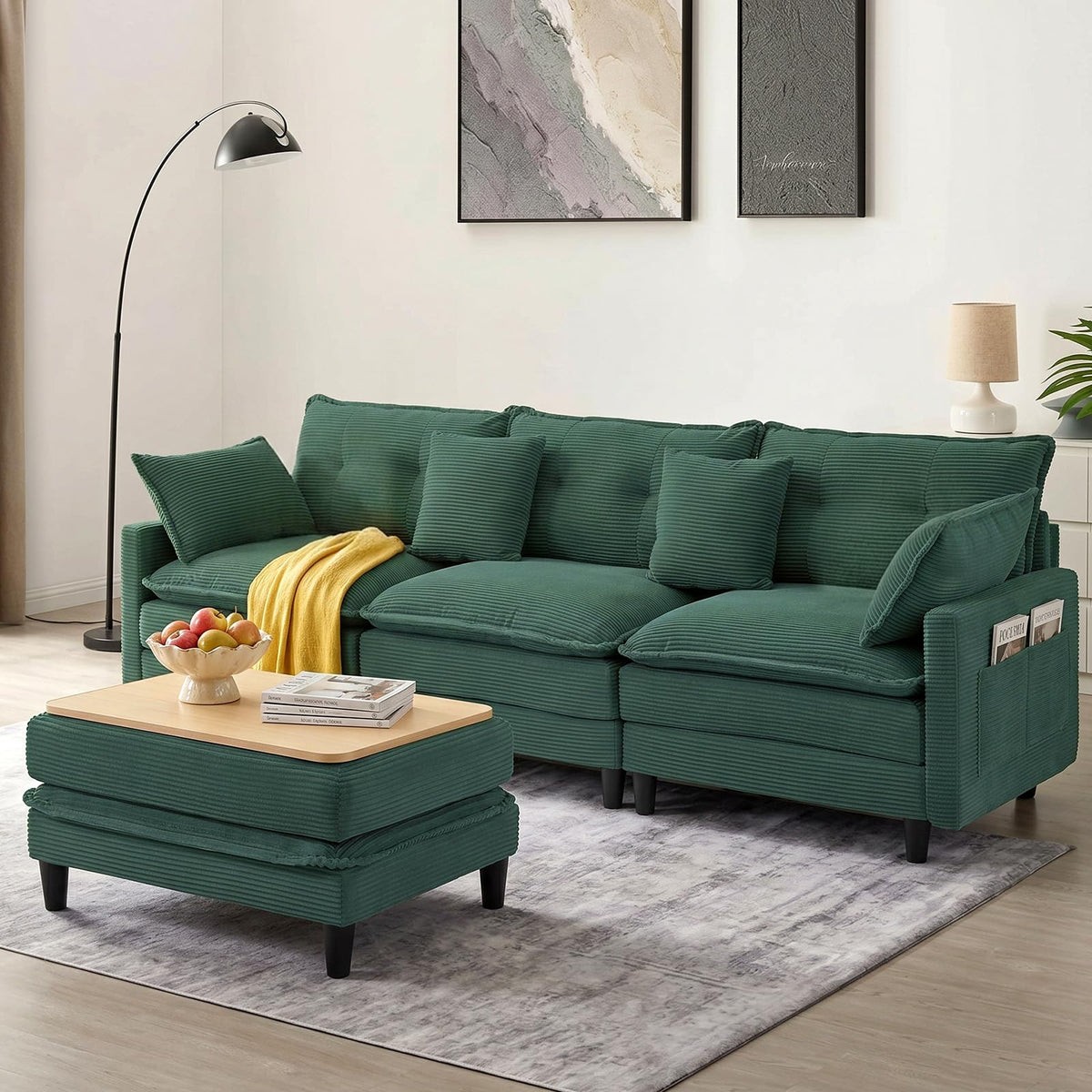 107.3'' Oversized Cloud Couch L Shaped Modular Sectional Sofa, Premier Comfy Corduroy Couch with Ottoman, Modern 3 Deep Seat Sectional Couches for Living Room, Solid Wood Frame&Spring,Tool-Free Green
