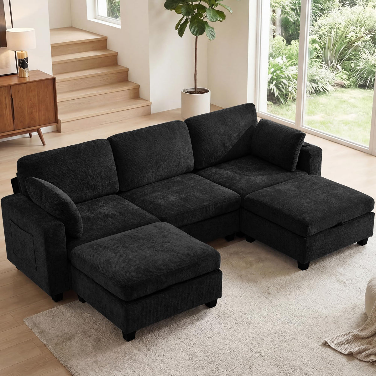 URRED 106" Modular Sectional Sofa with Storage, Convertible U Shaped Couch with Movable Ottoman, 5 Seat Modern Chenille Sectional Sofa for Living Room (Black, 106'')