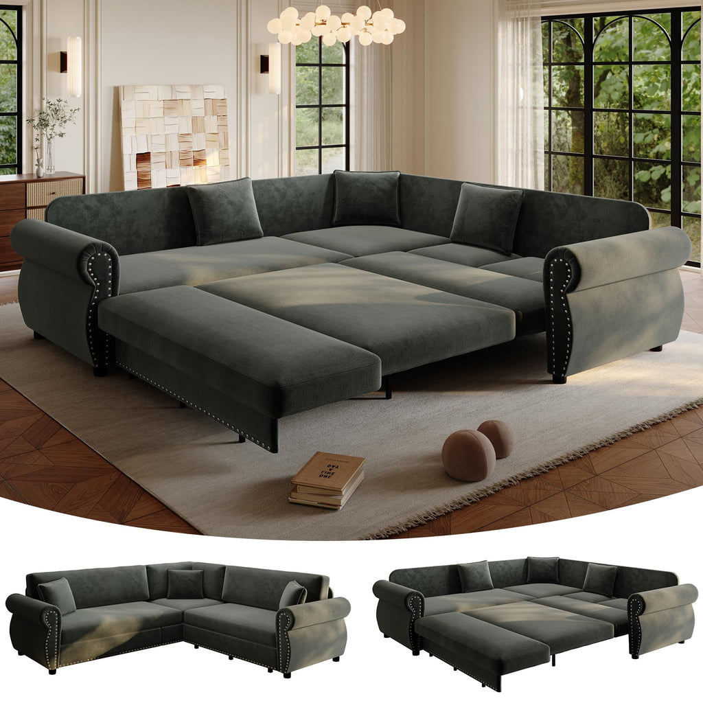 118" Oversized Sleeper Sofa with Pull Out Bed, Chenille L Shaped Convertible Sectional Sleeper Couch with Nailhead Trim & Rolled Arm, 6-Seater Couches for Living Room, Blue