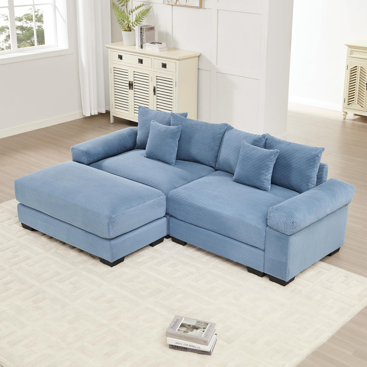 130" Oversized Modular 3-Seater Sectional Sofa, Cloud Corduroy Fabric with Extra-Thick Armrests, Ergonomic Deep Seat Couch for Living Room, Easy Assembly Sofas for Living Room(Cream)