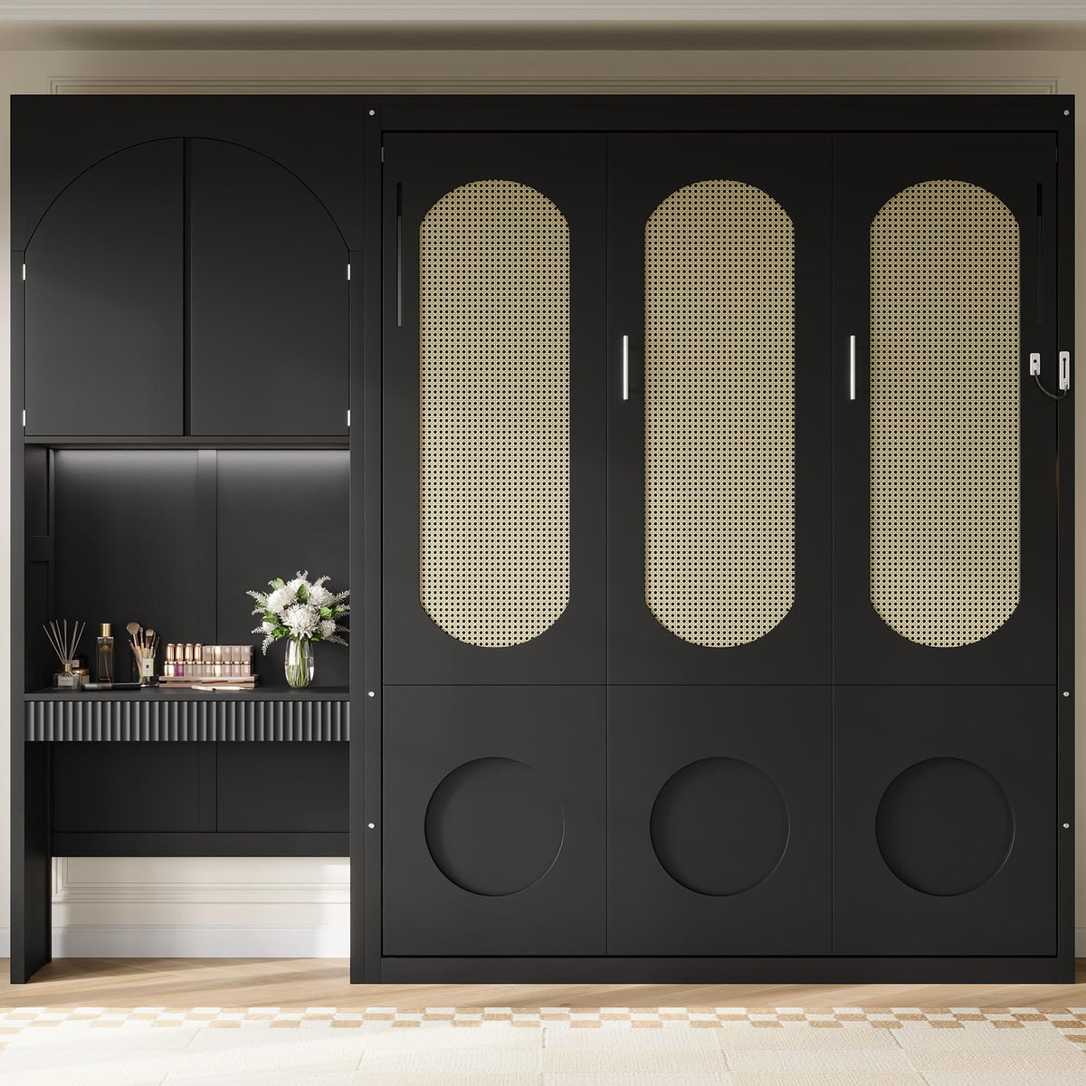 Wood Murphy Bed with Sofa, 4 Storage Shelves and USB Charging Station