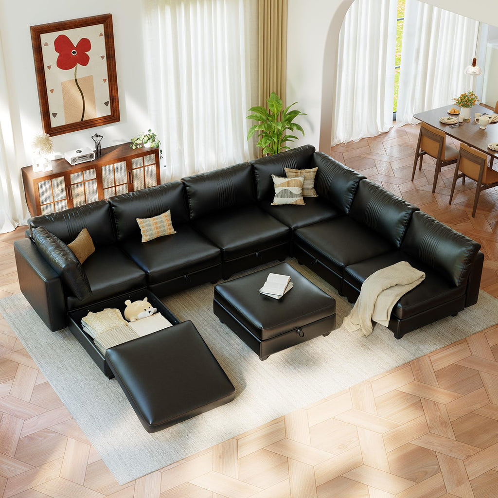 128" 6 Seat Modular Sectional Sofa, Convertible L & U Shaped Couch with Storage, Modern Leather Couch with Ottomans, Faux Leather Sectional Couches for Living Room, Office, Apartment, Black