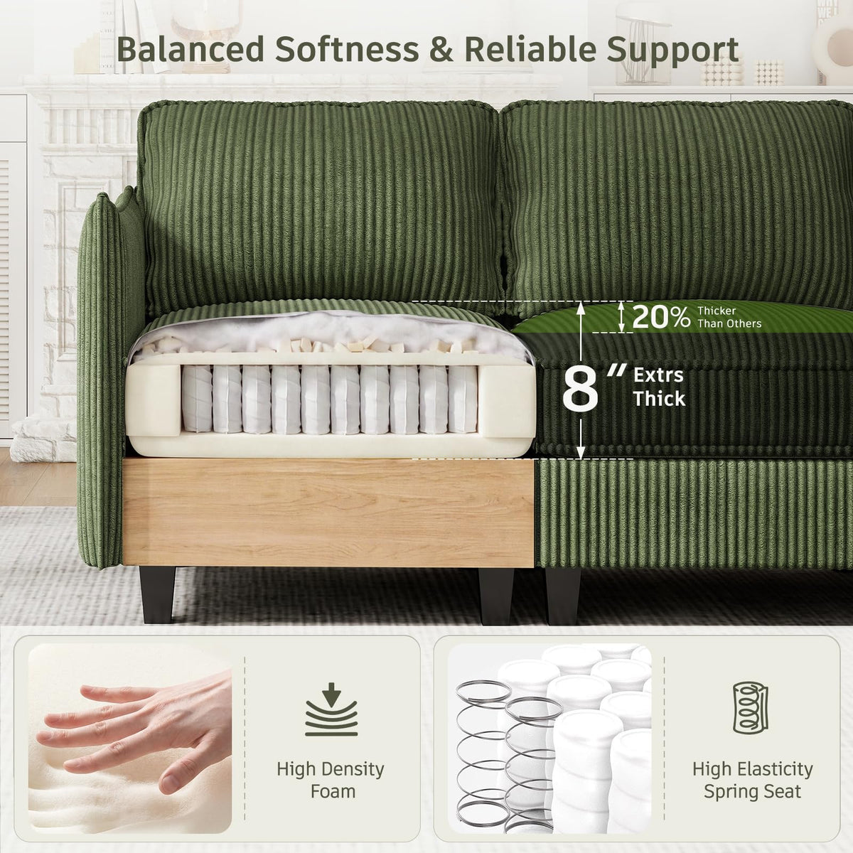 WorthFurni 84.8" Modular Sectional Sofa, 6 Seater Corner Sofa Modern V-Shaped Couch with 1 Storage Ottoman, Comfortable Corduroy Sofa with Throw Pillows for Living Room, Apartment, Green