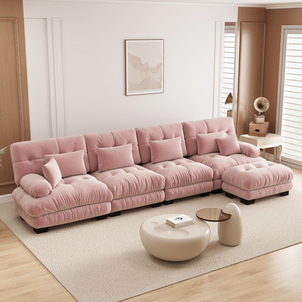 Velvet Modular Sectional Sofa,130" W Oversized U Shape Cloud Couch with 2 Ottomans,Free Combined 3 Seater Comfy Sofa with Bolster Armrest Pillows,Green for Living Room