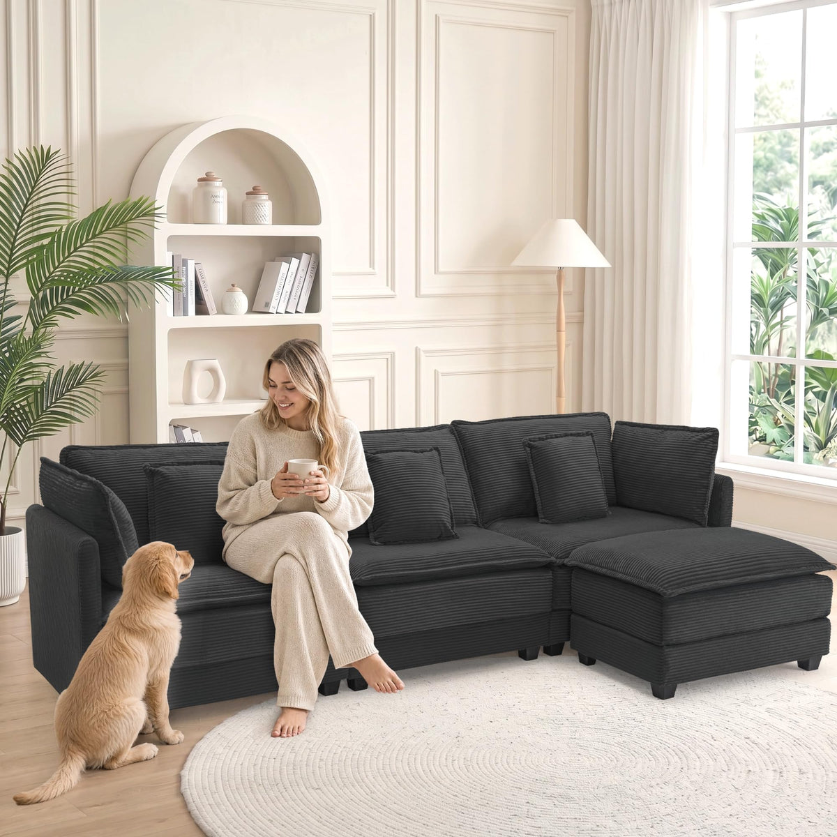 113" Modular L-Shaped Sectional Sofa with Movable Ottoman, 4-Seat Corduroy Modern Cloud Couch with Deep Seat and Pillows, Sofa Set for Living Room, Apartment and Bedroom, Black