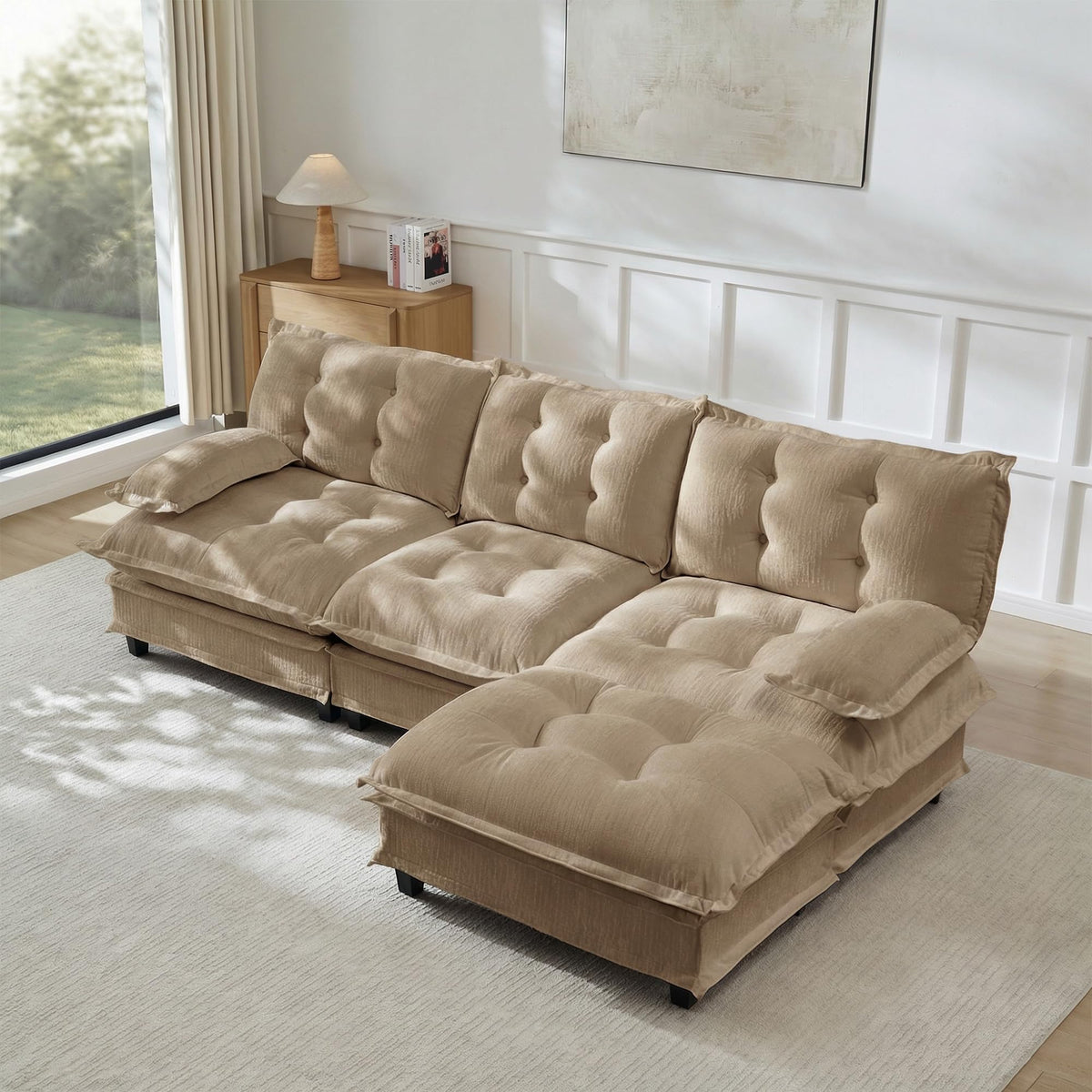 U Shaped Modular Sectional Sofa - 108" Chenille Cloud Deep Seat Couch with Ottoman, 5-Seat Comfy Lattice Decored Seat Cushion for Living Room, Apartment,Light Coffee