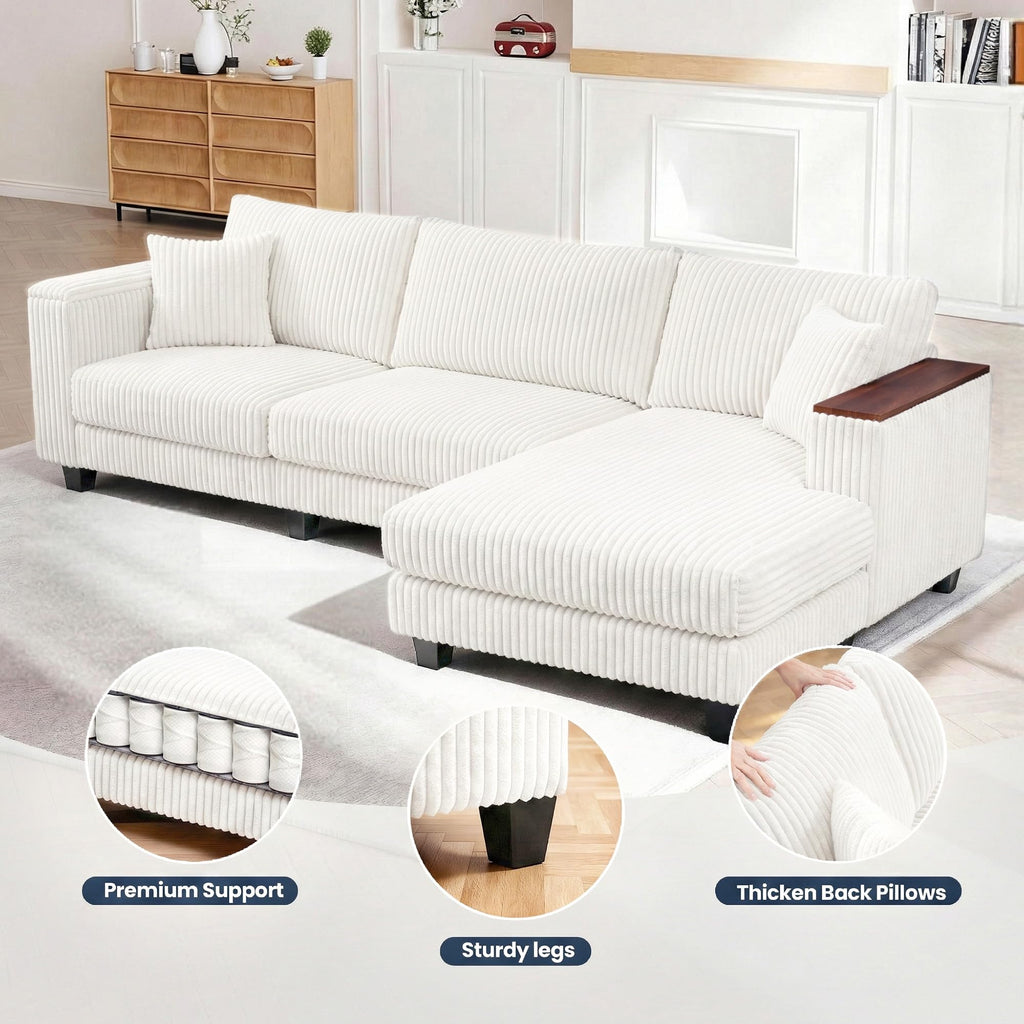 114" Cloud Sectional Couch with L-Shape Reversible Chaise, Modern Corduroy L Shaped Couch with 2 Pillows & Storage Armrests, 4 Seater Sectional Couches for Living Room, Plush Corduroy, White