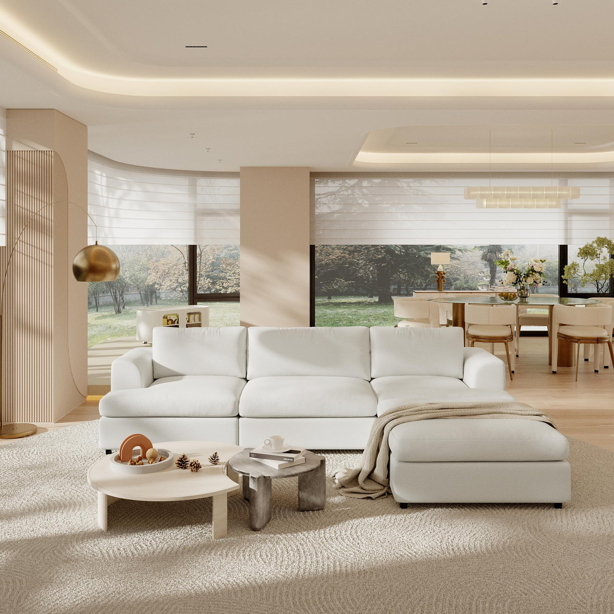 118" V Shape Sectional Sofa Couch, Modern Modular Boucle Cloud Couch with Flexible Layout, Oversized Comfy Upholstered Modular 5-Seats Sectional Couch, White