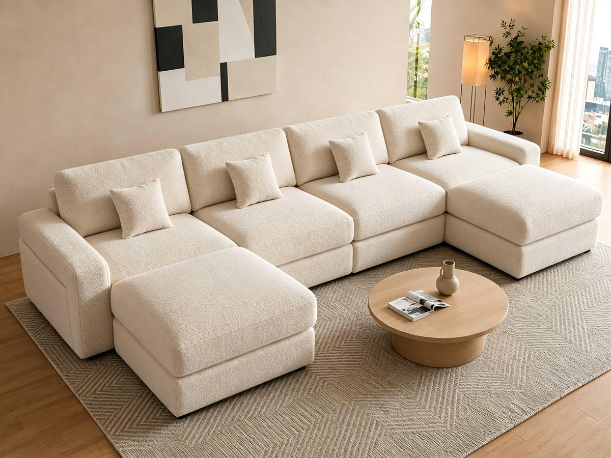 WEUP 148" Modular Sectional U Shaped Sofa Couches,Oversized Cloud Couch with Movable Ottoman,Comfy Chenille Sofa with Pillow,Side Pockets,for Living Room,Bedroom,Apartment,Beige