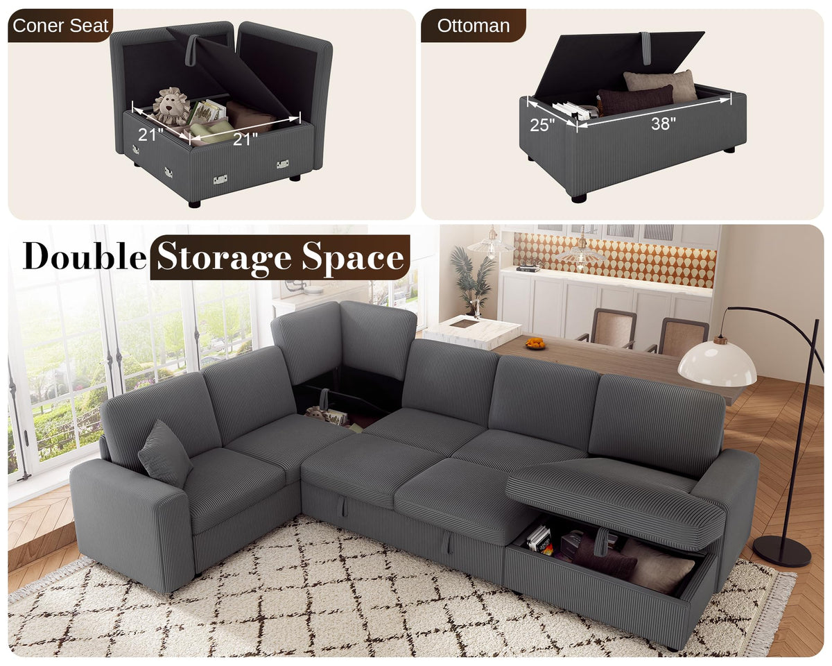 130" Sofa Bed, Sectional Sleeper Sofa, Pull Out Couch with Storage