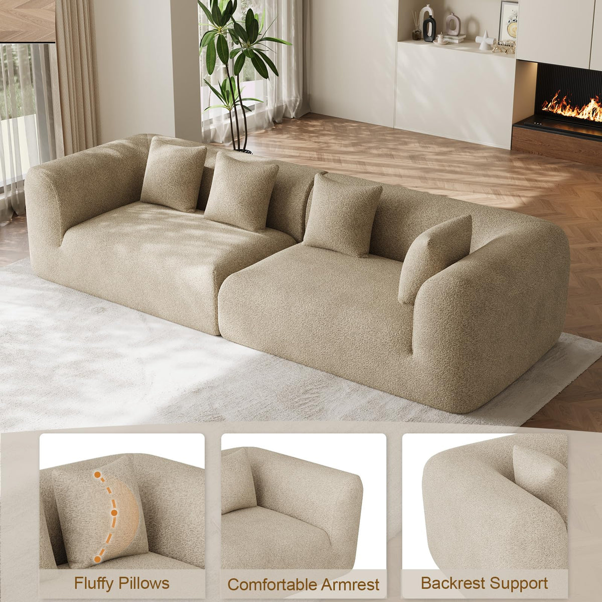 120" Oversized Sectional Couches for Living Room, Comfy Plush Boneless Modular Sectional Sofa, Modern Modular Couch Chenille Cloud Couch Sectionals, 4 Seater, No Assembly Needed, Light Brown