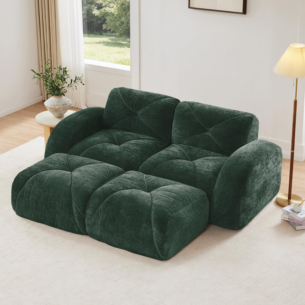 U-Shaped Boneless Sofa, Tufted 32d High Density Sponge Bottom, Anti-Slip Design, No Assembly Required, Free Combination, Movable Ottomans for Living Rooms, Home Theater, Blue