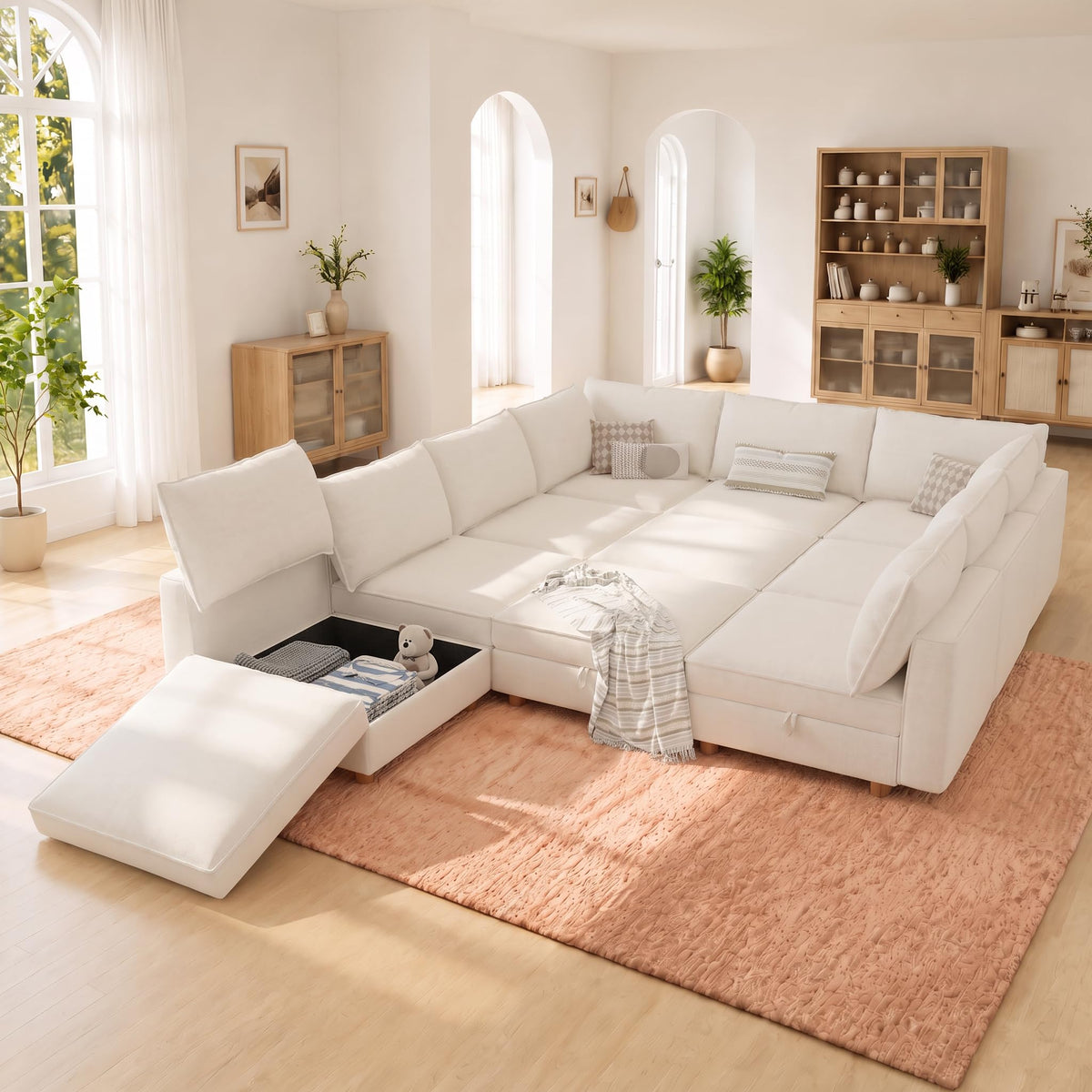 125" Chenille Modular Sectional Sofa Bed Hidden Storage, Convertible L U Shaped Sleeper Couch, 8 Seat Modern Modular Sectional Sofa with Removable Covers & Ottoman Chaise, for Living Room, Beige