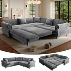 118" Oversized Sleeper Sofa with Pull Out Bed, Chenille L Shaped Convertible Sectional Sleeper Couch with Nailhead Trim & Rolled Arm, 6-Seater Couches for Living Room, Blue