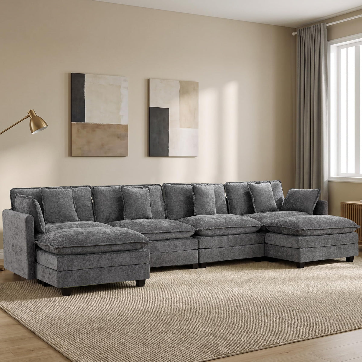 113" V-Shaped Cloud Couch, Modular Sectional for Living Room, Light Grey