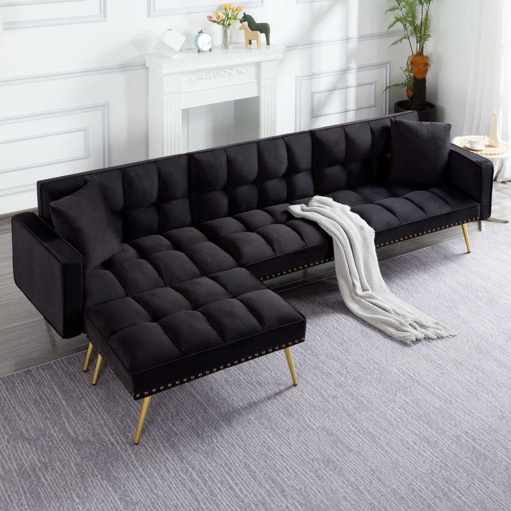 107in Sectional Sleeper Sofa with Split Back, Velvet, Golden Metal Legs, 5 Adjustable Positions, 2 Toss Pillows