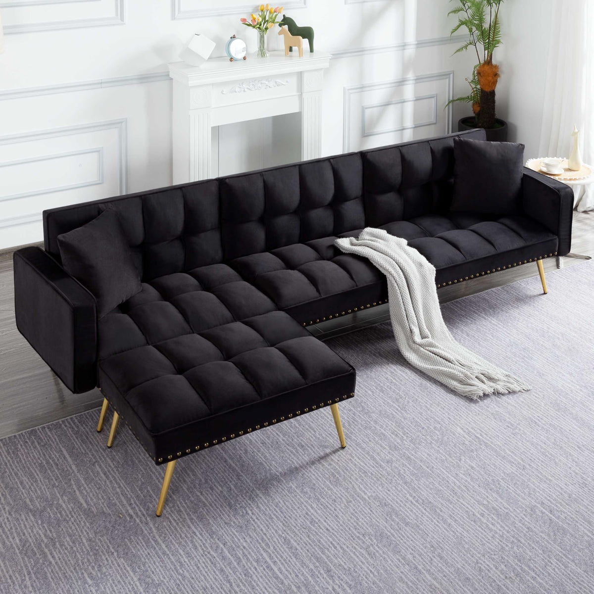 107in Sectional Sleeper Sofa with Split Back, Velvet, Golden Metal Legs, 5 Adjustable Positions, 2 Toss Pillows