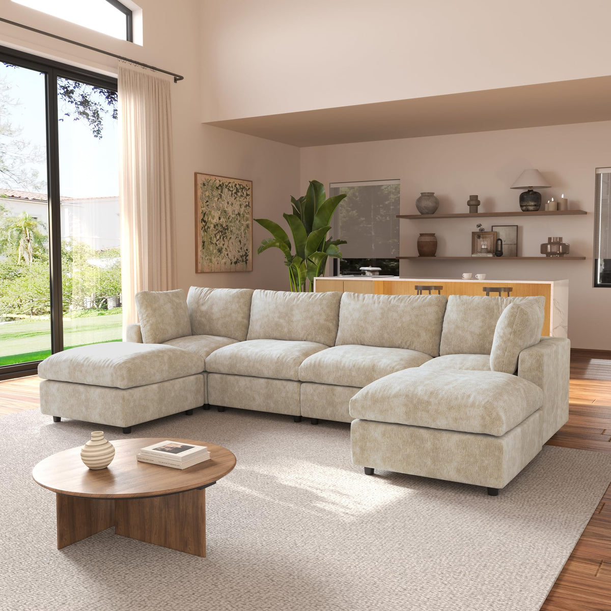 120" Cloud Couch Chenille Sectional Sofa for Livingroom Beige