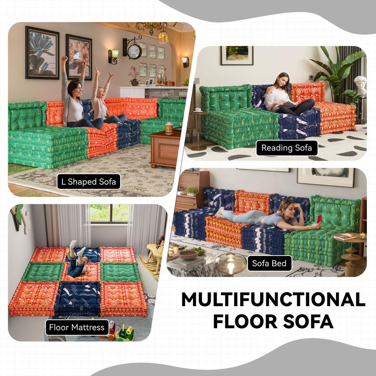 WOWMAX 4 Sets Floor Sofa Couch Bed Convertible Lazy Sofa Sleeper Bed, Floor Chair Bed Mattress Oversized Floor Pillow Ideal for Reading & Gaming, Home Decoration, Light Blue Flowers