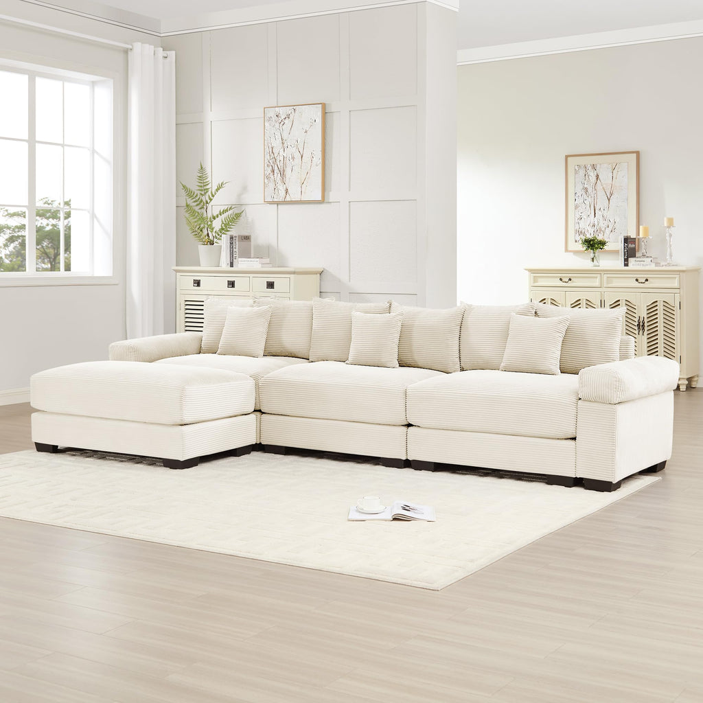 130" Oversized Modular 3-Seater Sectional Sofa, Cloud Corduroy Fabric with Extra-Thick Armrests, Ergonomic Deep Seat Couch for Living Room, Easy Assembly Sofas for Living Room(Cream)