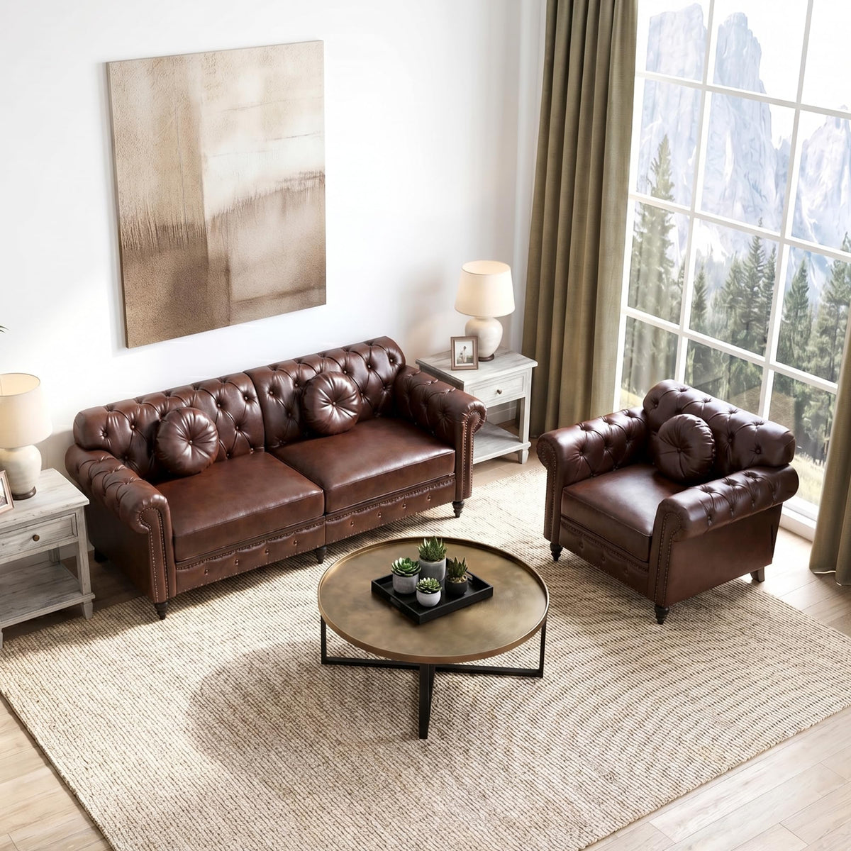 XUZENEST 3-Piece Chesterfield Sofa Set with 3-Seater Sofa&Loveseat&Chair