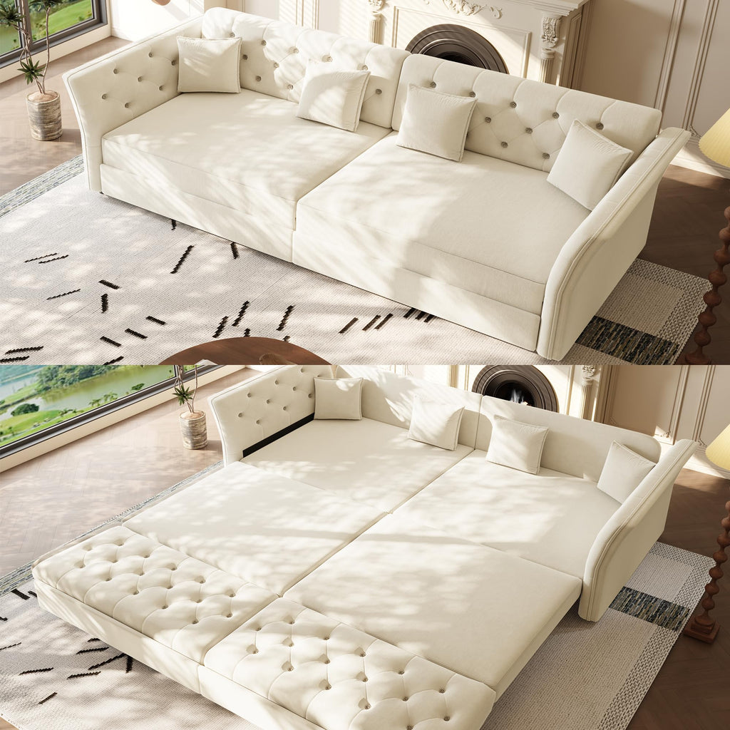 100'' Sleeper Sofa Bed California King, Velvet Chesterfield Couch, Beige